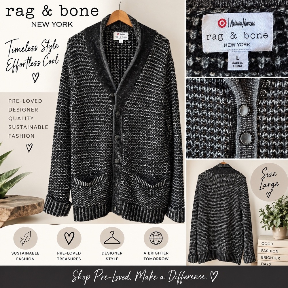 Rag & Bone Neiman Marcus Men Large Shawl Collar Waffle Knit Cardigan Grey Wool
